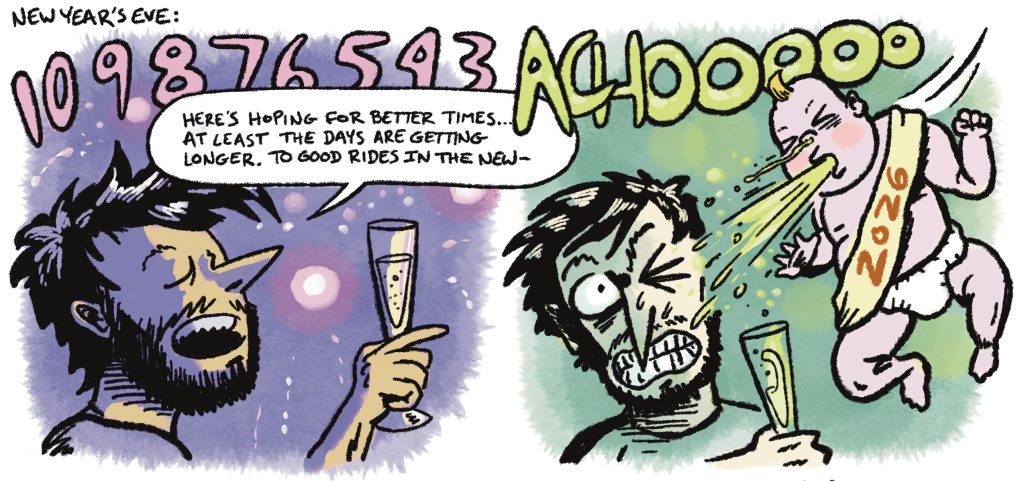 A couple of comics panels showing me toasting on New Year's Eve, only to get sneezed on by a highly contagious baby 2026.