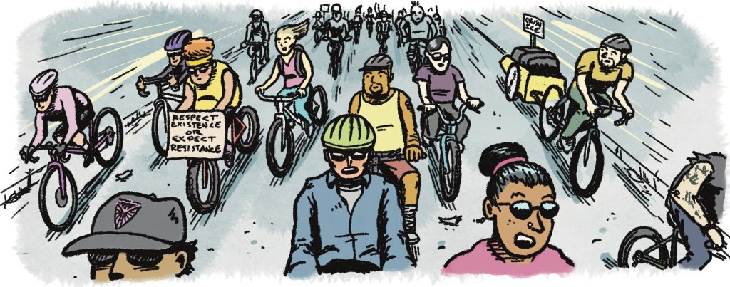 drawing of a crowd of people riding their bikes in protest of the ICE killing of Alex Pretti